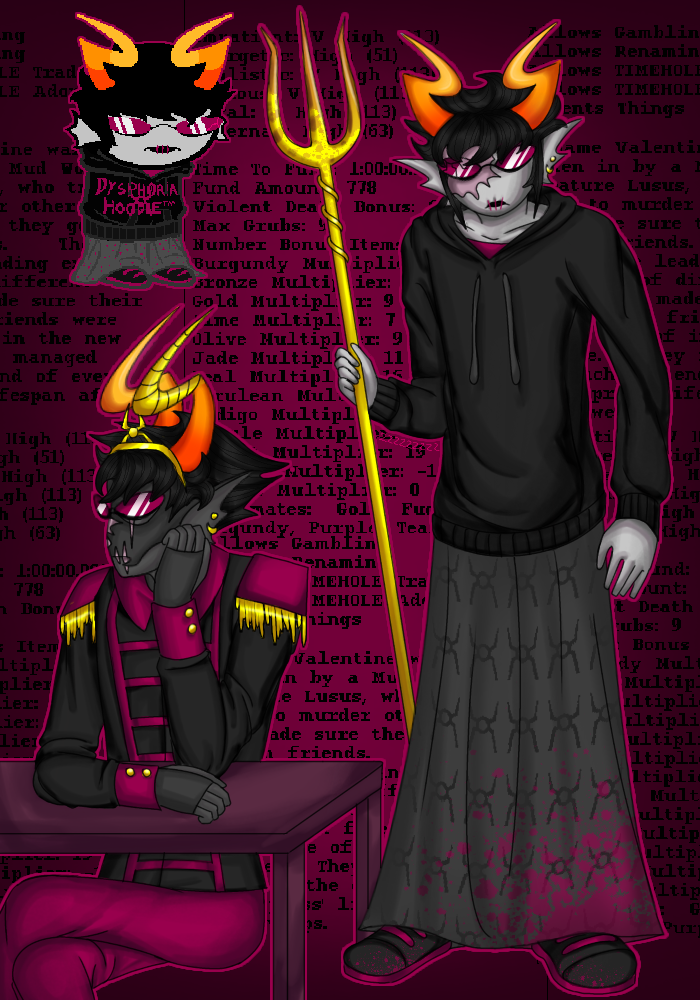 A digital drawing of my current empress in WigglerSim, Madame Valentine, a fucshiablood, as well as an older version of them. During their younger years, they wear broken fucshia glasses, a black hoodie, and a long grey skirt patterned with their sign. During their older years, they wear regular fucshia glasses, a crown, and princely attire.